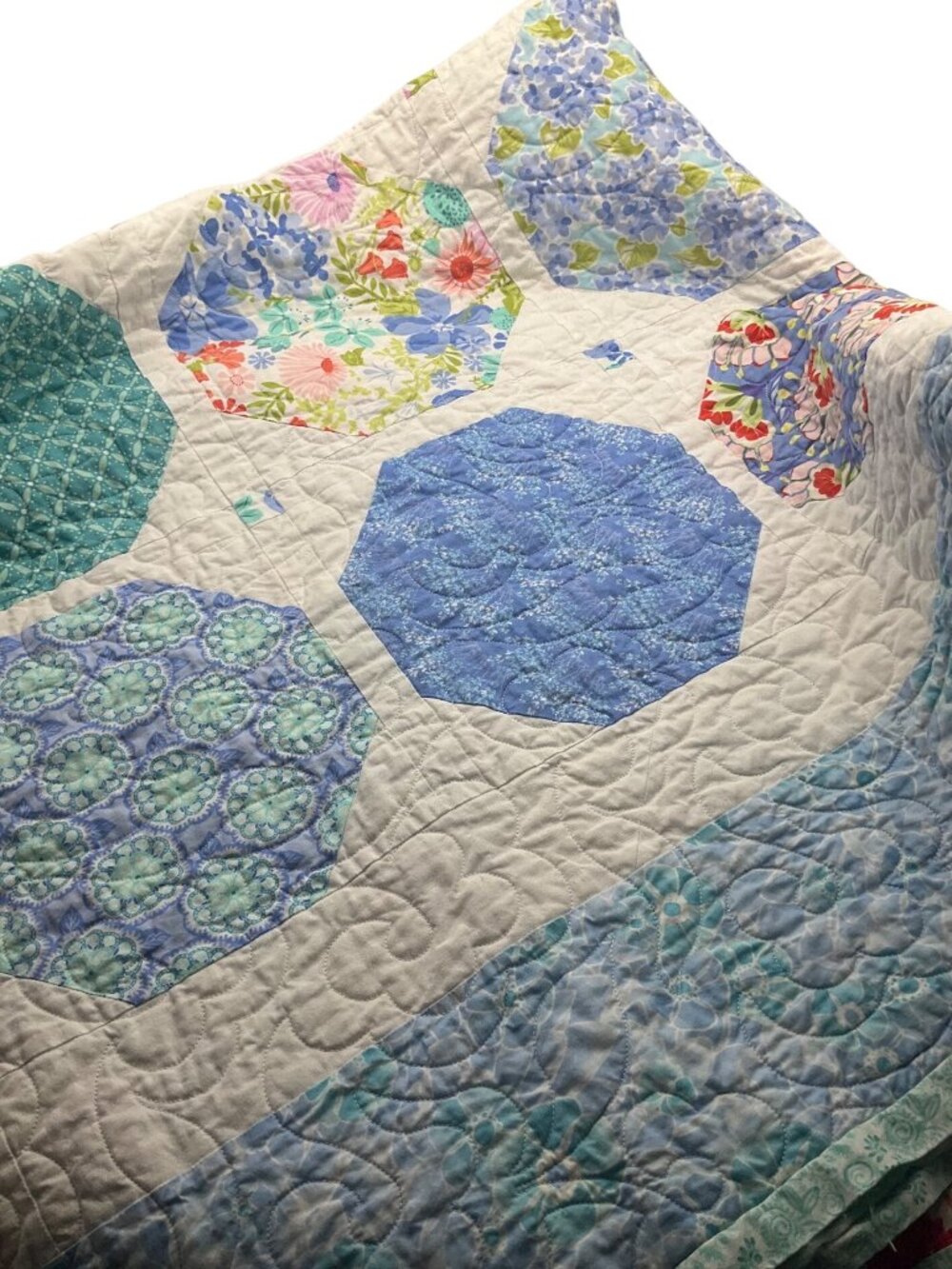 Handmade Reversible Quilt Floral & Geometric Patchwork Full/Twin 56"x66" French - Picture 7 of 10